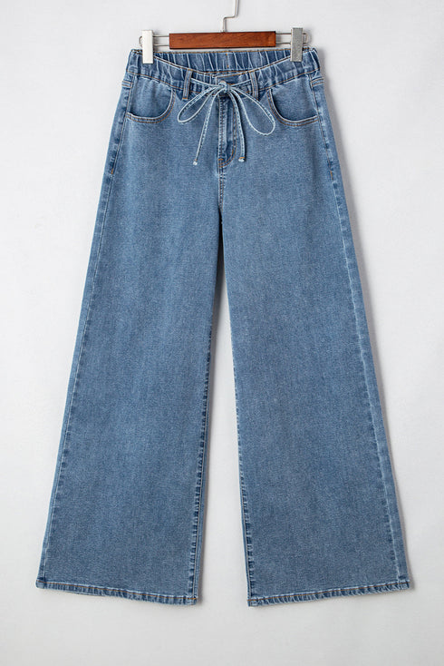 Retro Inspired Washed Wide Leg Drawstring Denim Pants